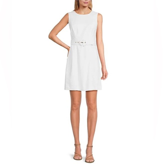 Trina Turk Darlene Round Neck Sleeveless Belted Sheath Dress in Ivory Size 12 - Picture 1 of 10